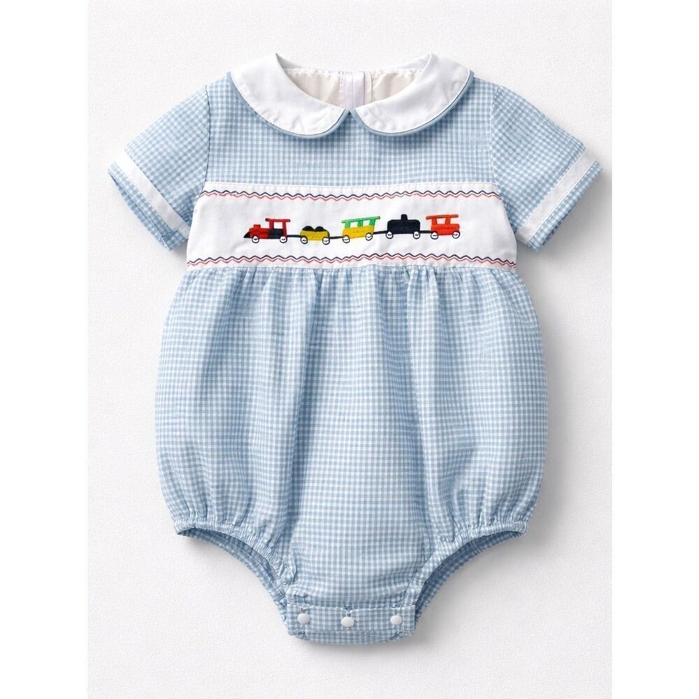 SHEIN blue and white gingham bubble romper with train embroidery size 3-6 months